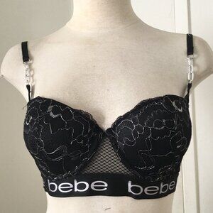 BEBE Underwire Metallic Lace Push Up Bustier Bras Logo Chain Padded Blk  Various